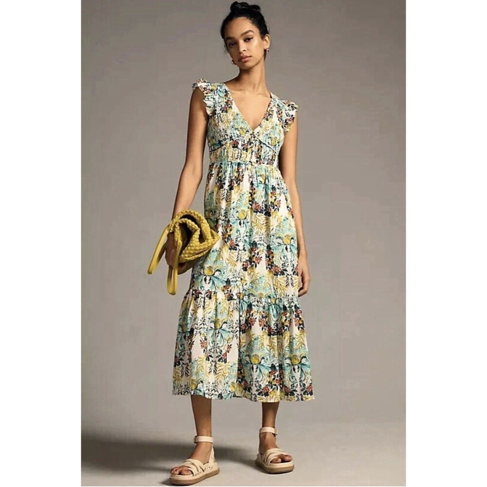 Anthropologie Large Peregrine Midi Dress Chartreuse Floral Smocked Ruffle Hem